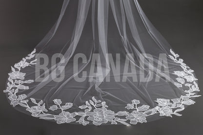 Modern Cathedral Veil with Large Floral Vine Motif Applique Trim - Nouveau Bloom