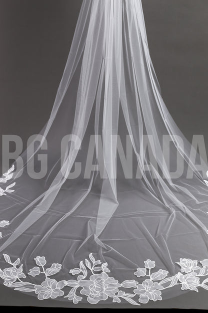 Modern Cathedral Veil with Large Floral Vine Motif Applique Trim - Nouveau Bloom