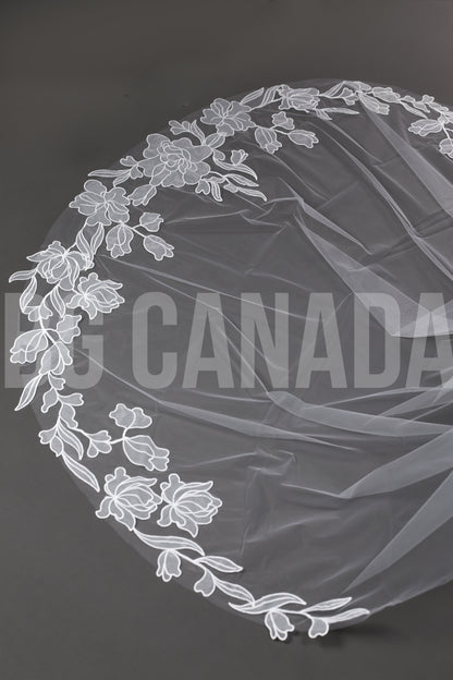 Modern Cathedral Veil with Large Floral Vine Motif Applique Trim - Nouveau Bloom