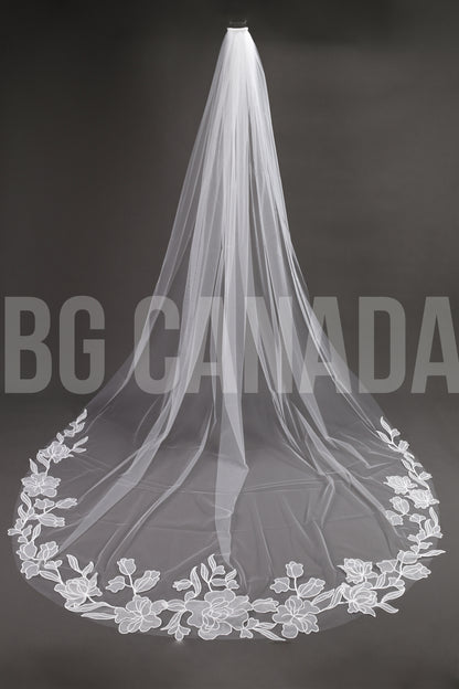 Modern Cathedral Veil with Large Floral Vine Motif Applique Trim - Nouveau Bloom