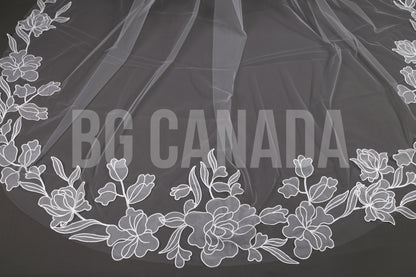 Modern Cathedral Veil with Large Floral Vine Motif Applique Trim - Nouveau Bloom