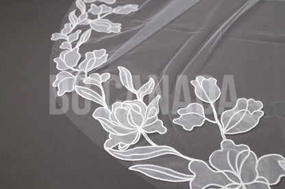 Modern Cathedral Veil with Large Floral Vine Motif Applique Trim - Nouveau Bloom