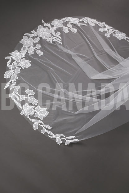 Modern Cathedral Veil with Large Floral Vine Motif Applique Trim - Nouveau Bloom