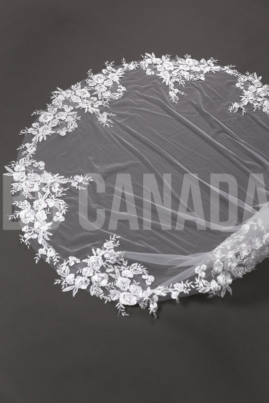 Cathedral Pearl Veil with Floral Cluster Lace Trim - Seraphina Pearl Blossom