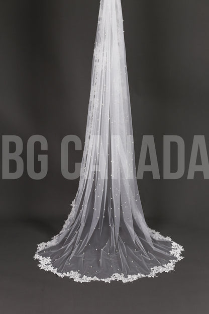 Pearl Veil with Classic Leaf Vine Lace Trim - Ava Pearl Elegance