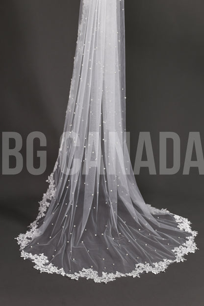 Pearl Veil with Classic Leaf Vine Lace Trim - Ava Pearl Elegance