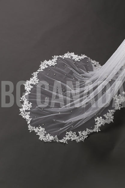 Pearl Veil with Classic Leaf Vine Lace Trim - Ava Pearl Elegance