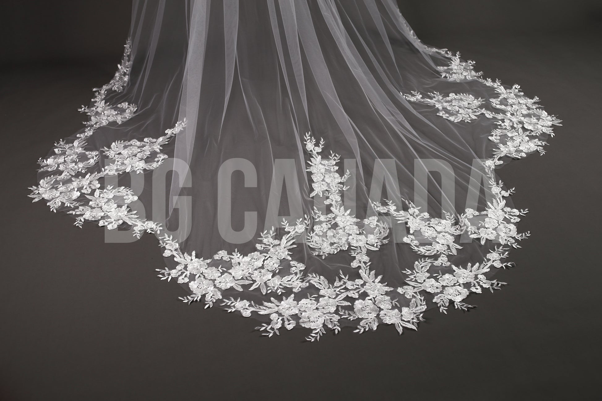 Cathedral Scallop Veil with Floral Cluster Lace Trim Cascade