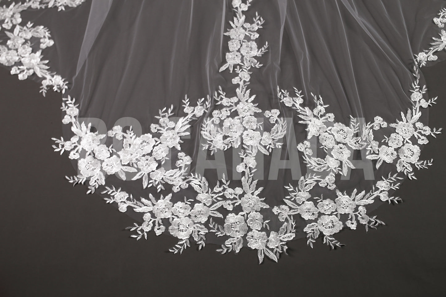 Cathedral Scallop Veil with Floral Cluster Lace Trim Cascade - Lorelei Blossom