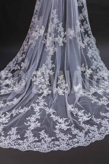 Long Luxury Veil Classic Floral Leaf Vine Lace Trim Cascade - Genevieve Heirloom