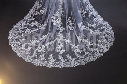 Long Luxury Veil Classic Floral Leaf Vine Lace Trim Cascade - Genevieve Heirloom