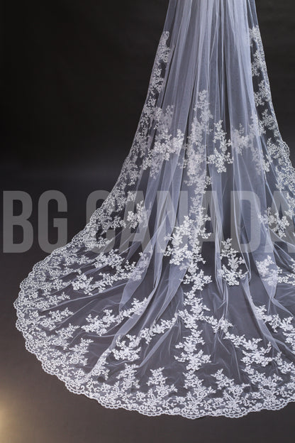 Long Luxury Veil Classic Floral Leaf Vine Lace Trim Cascade - Genevieve Heirloom
