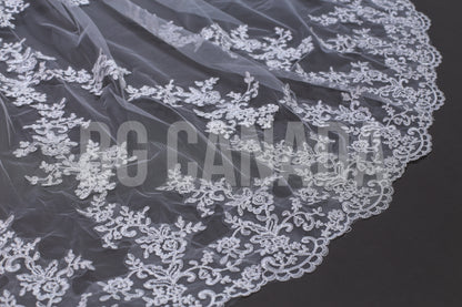 Long Luxury Veil Classic Floral Leaf Vine Lace Trim Cascade - Genevieve Heirloom