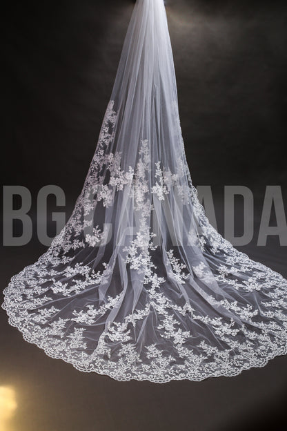 Long Luxury Veil Classic Floral Leaf Vine Lace Trim Cascade - Genevieve Heirloom