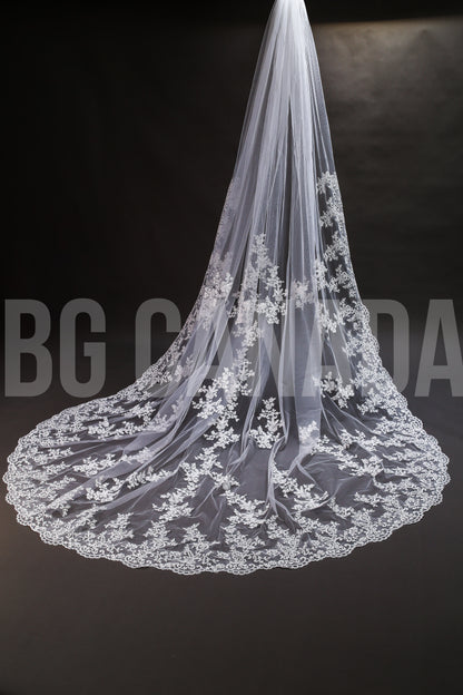 Long Luxury Veil Classic Floral Leaf Vine Lace Trim Cascade - Genevieve Heirloom