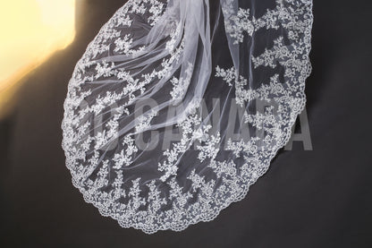 Long Luxury Veil Classic Floral Leaf Vine Lace Trim Cascade - Genevieve Heirloom