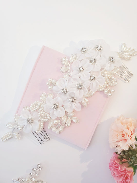 Bridal flower hair comb,wedding organza flower hair comb, pearl hair comb, bridal pearl crystal hair accessories, wedding hair accessories