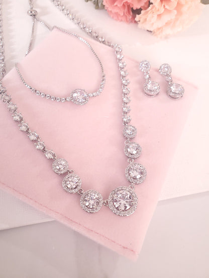 Round Bridal Necklace Set,Silver Wedding Earrings, jewellery set for brides, maid of honor gifts, cubic zirconia earrings