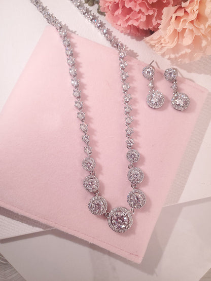 Round Bridal Necklace Set,Silver Wedding Earrings, jewellery set for brides, maid of honor gifts, cubic zirconia earrings