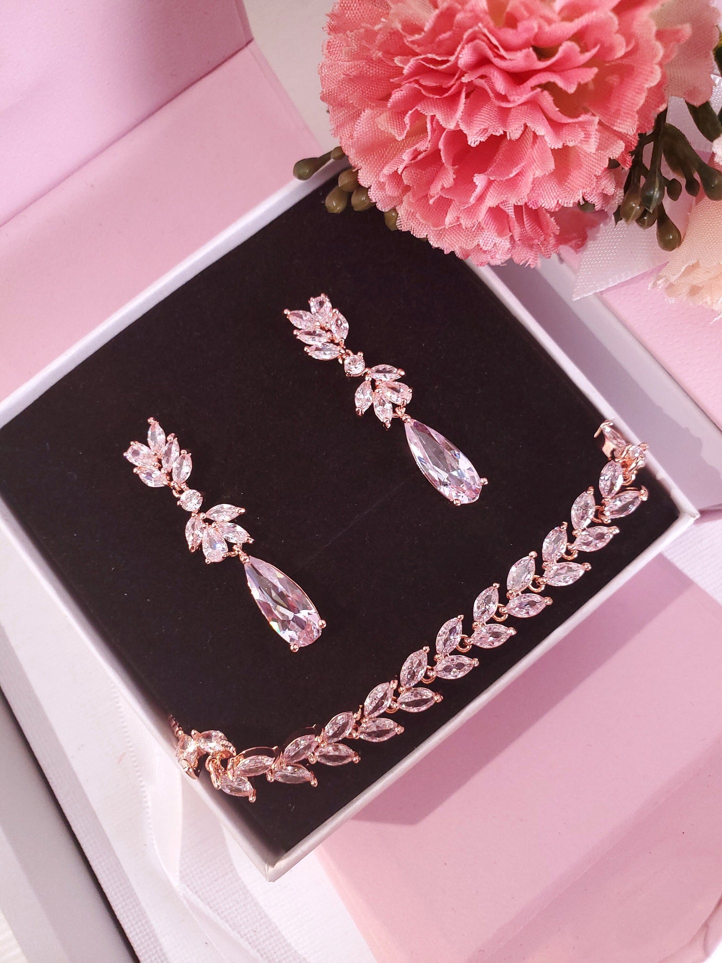 Elongated teardrop earrings Bridal earrings rose gold statement bridal earrings long leaf bracelet bridesmaids jewelry gift set