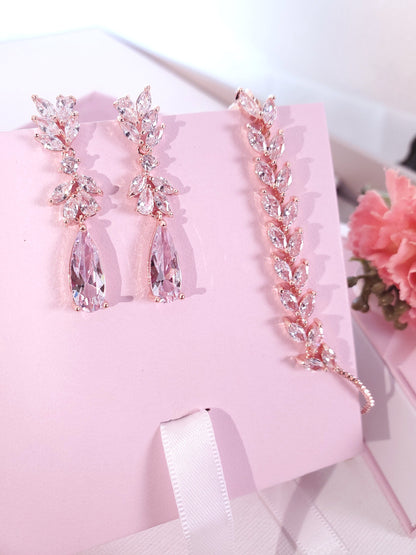 Elongated teardrop earrings Bridal earrings rose gold statement bridal earrings long leaf bracelet bridesmaids jewelry gift set