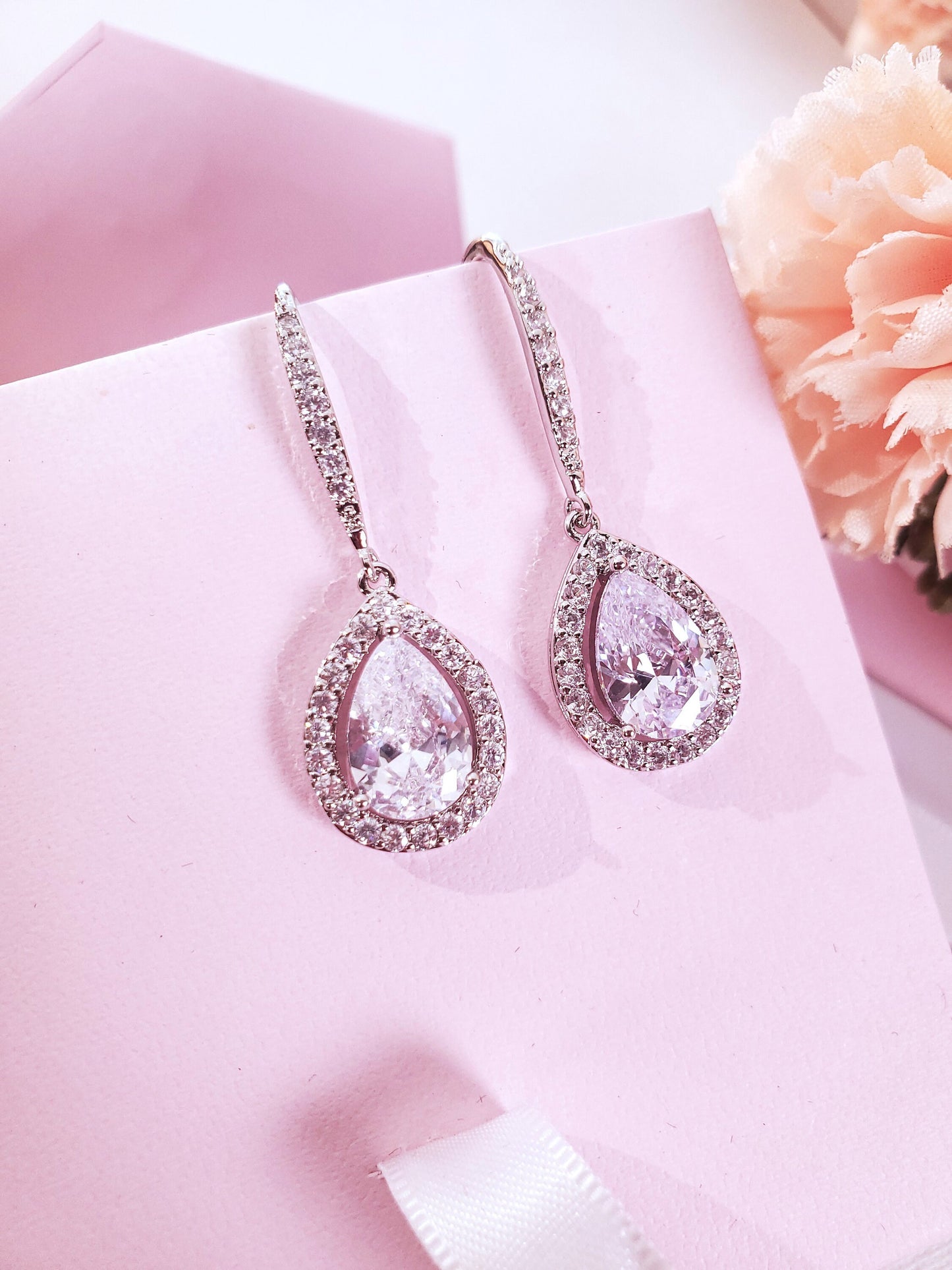 Bridal earrings silver teardrop wedding dangle earrings silver crystal earrings