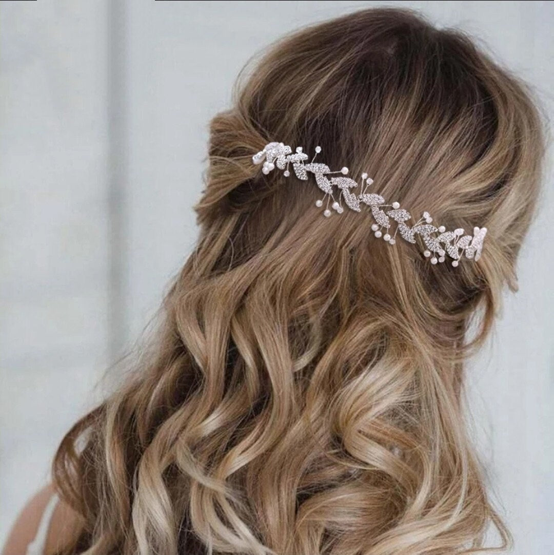 Bridal Hair Vine Silver Leaf bridal headpiece vine Pearl Wedding Hair Piece Long bridal Hair Accessories brides wedding hair Jewellery