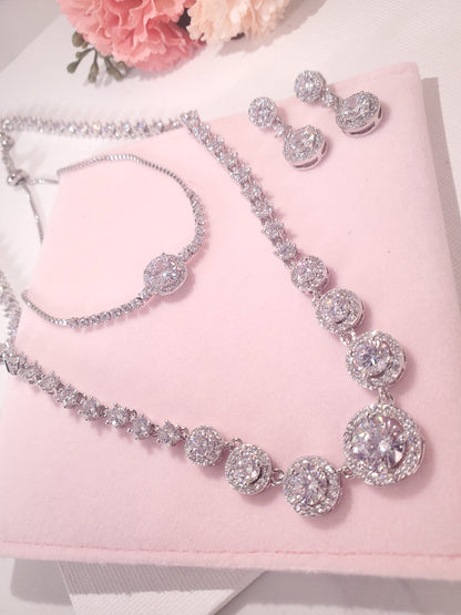 Round Bridal Necklace Set,Silver Wedding Earrings, jewellery set for brides, maid of honor gifts, cubic zirconia earrings