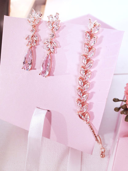 Elongated teardrop earrings Bridal earrings rose gold statement bridal earrings long leaf bracelet bridesmaids jewelry gift set