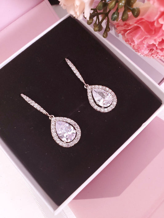 Bridal earrings silver teardrop wedding dangle earrings silver crystal earrings