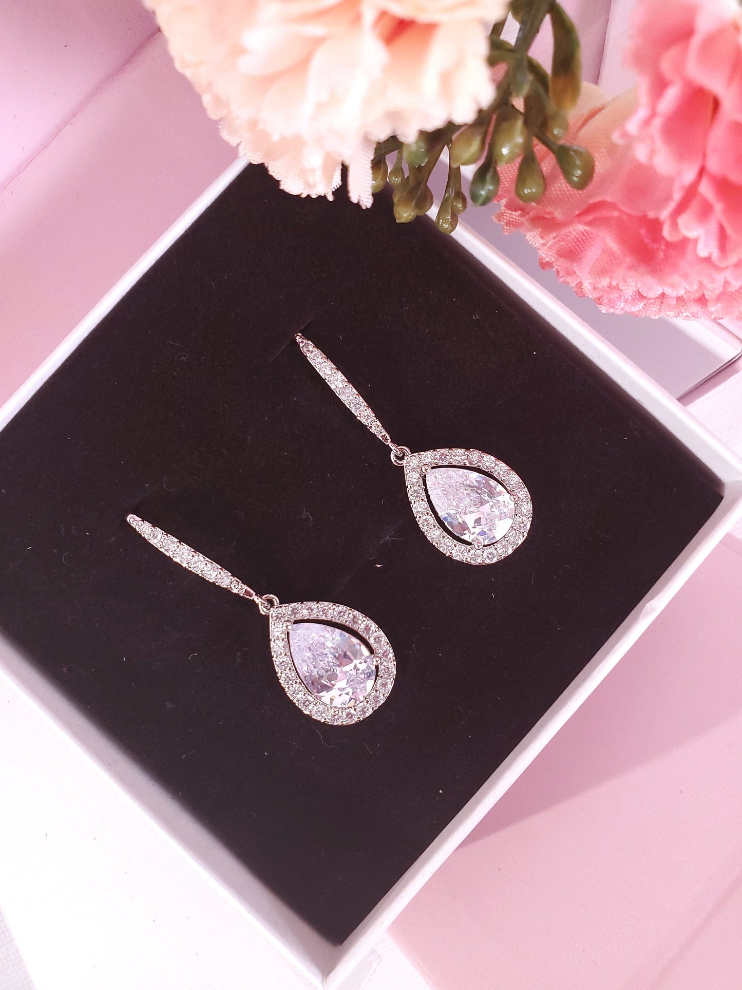 Bridal earrings silver teardrop wedding dangle earrings silver crystal earrings