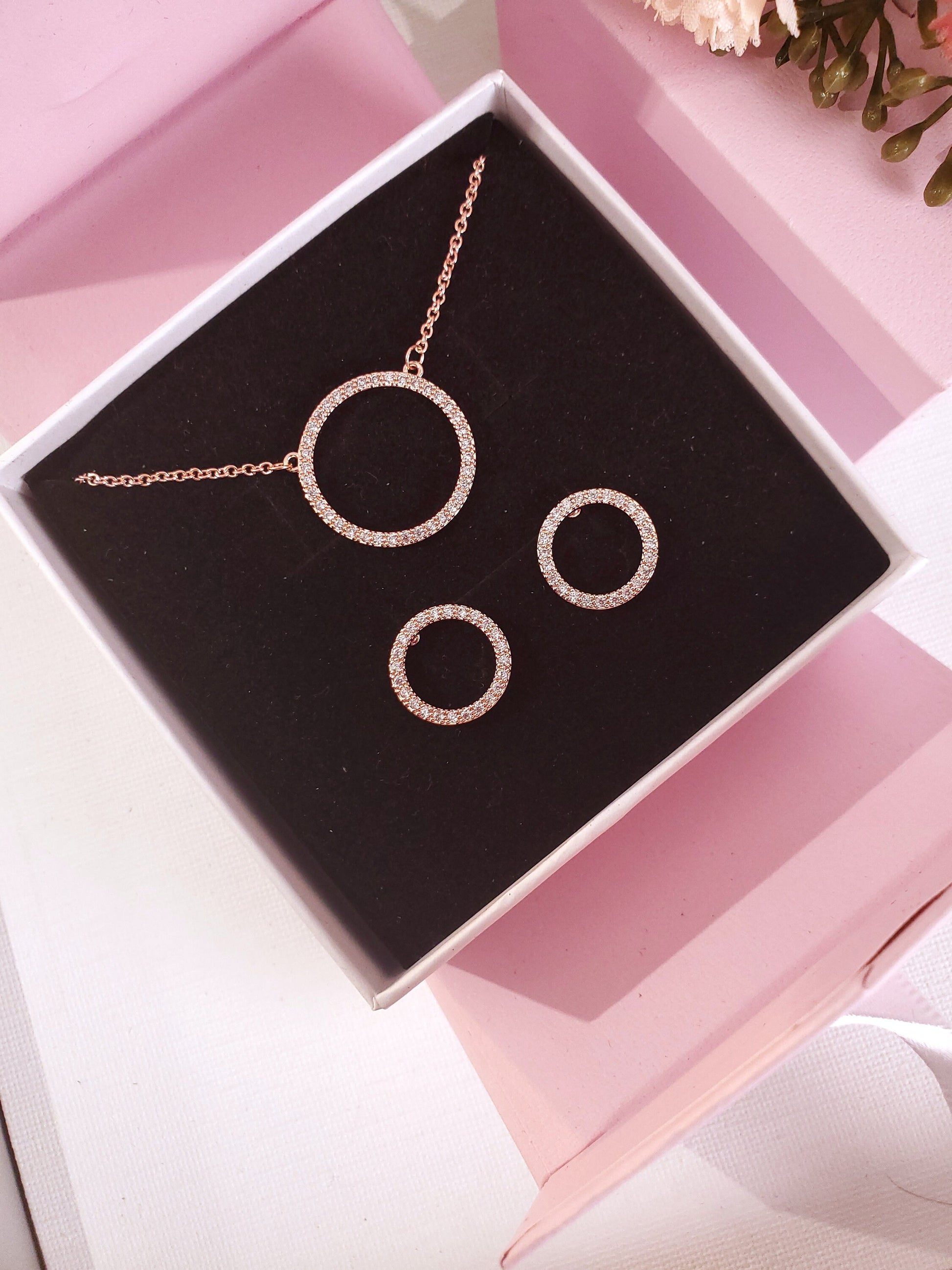 Rose Gold Circle Necklace Earrings Bridesmaids Eternity Necklace gift for her Karma Necklace Delicate Necklace Dainty Necklace