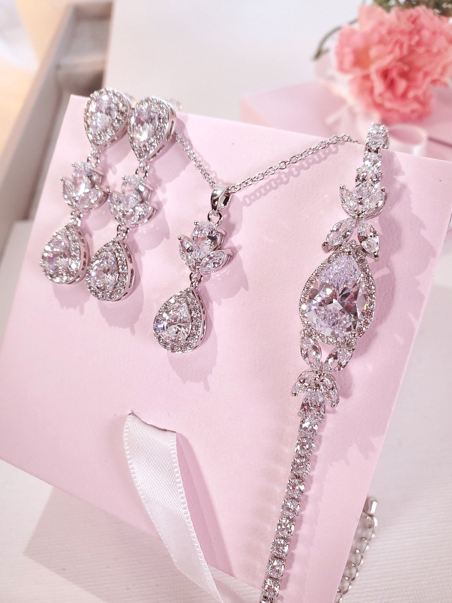 Bridal necklace set wedding earring wedding necklace silver earrings bridal jewelry set CZ drop earring silver bridal jewelry set
