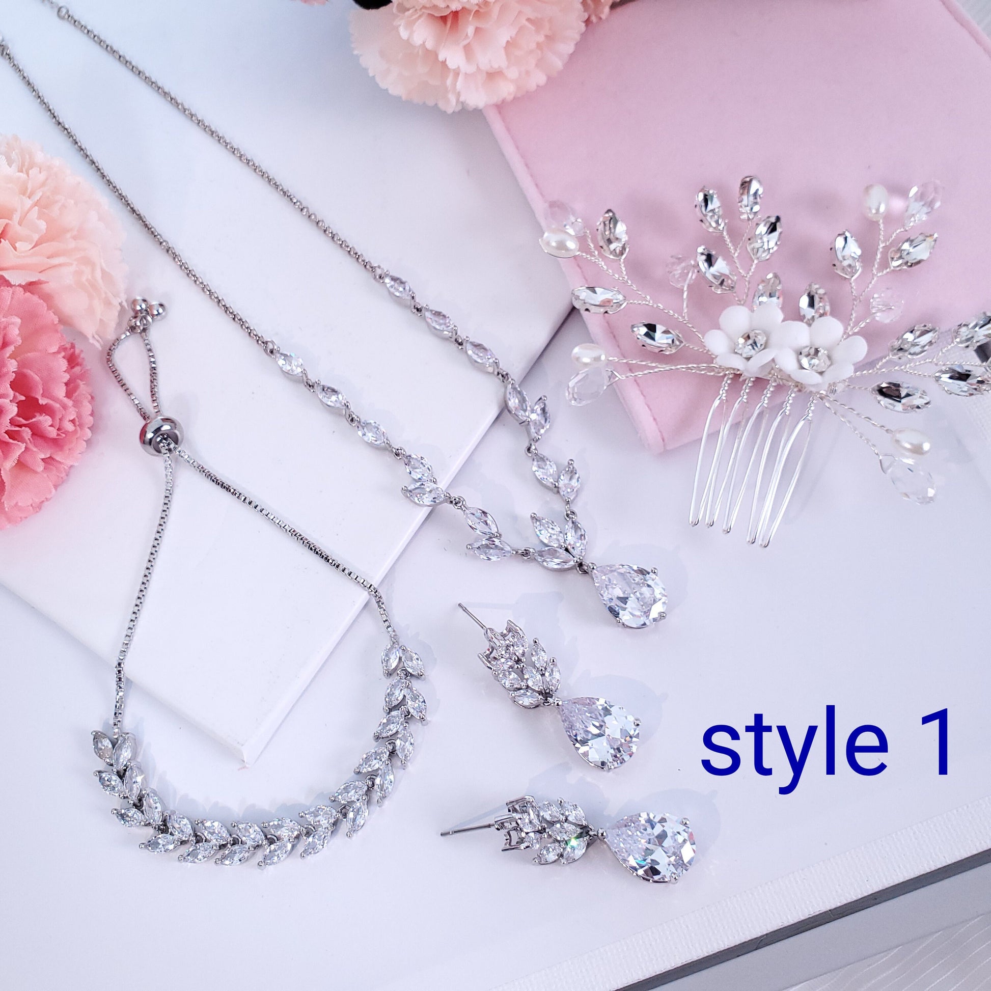 Bridal jewelry set leaf necklace earrings bracelet set bridal comb wedding jewellery set silver bridal teardrop necklace bridal bracelet