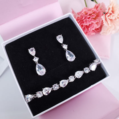 Bridal earrings silver statement bridal earrings long teardrop bracelet bridesmaids jewelry gift set maid of honor gift set