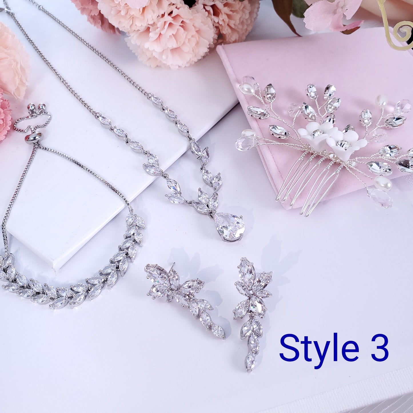 Bridal jewelry set leaf necklace earrings bracelet set bridal comb wedding jewellery set silver bridal teardrop necklace bridal bracelet