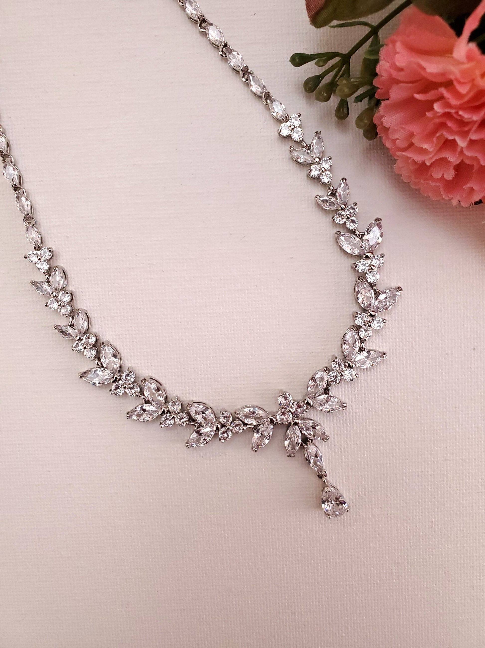 Bridal necklace set silver bridal jewelry bridal necklace rose gold wedding jewelry Elegant Cubic Zirconia Necklace and Earring Set