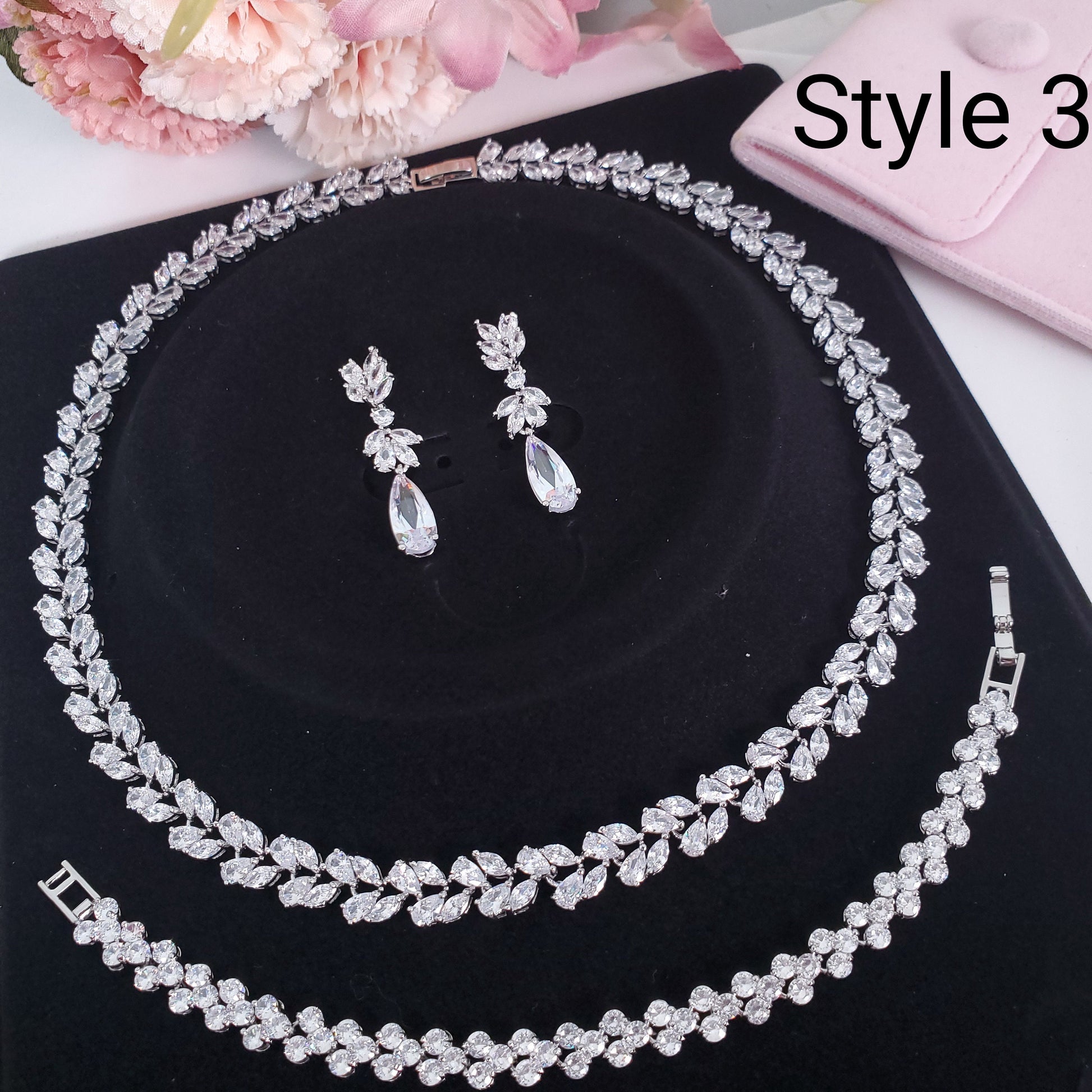 Bridal Necklace bridal Earrings Bracelet Set Silver dainty wedding earrings cubic zirconia jewelry set CZ wedding necklace