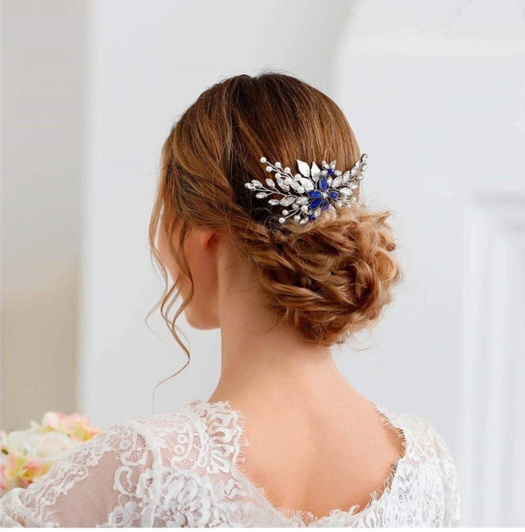 Something blue hair comb - Blue Blossom Bridal Hair Comb