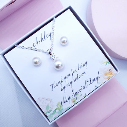 silver pearl necklace earrings set, bridemaid gift, will you be my bridesmaid proposal, bridesmaid necklace set, bridal party Favours