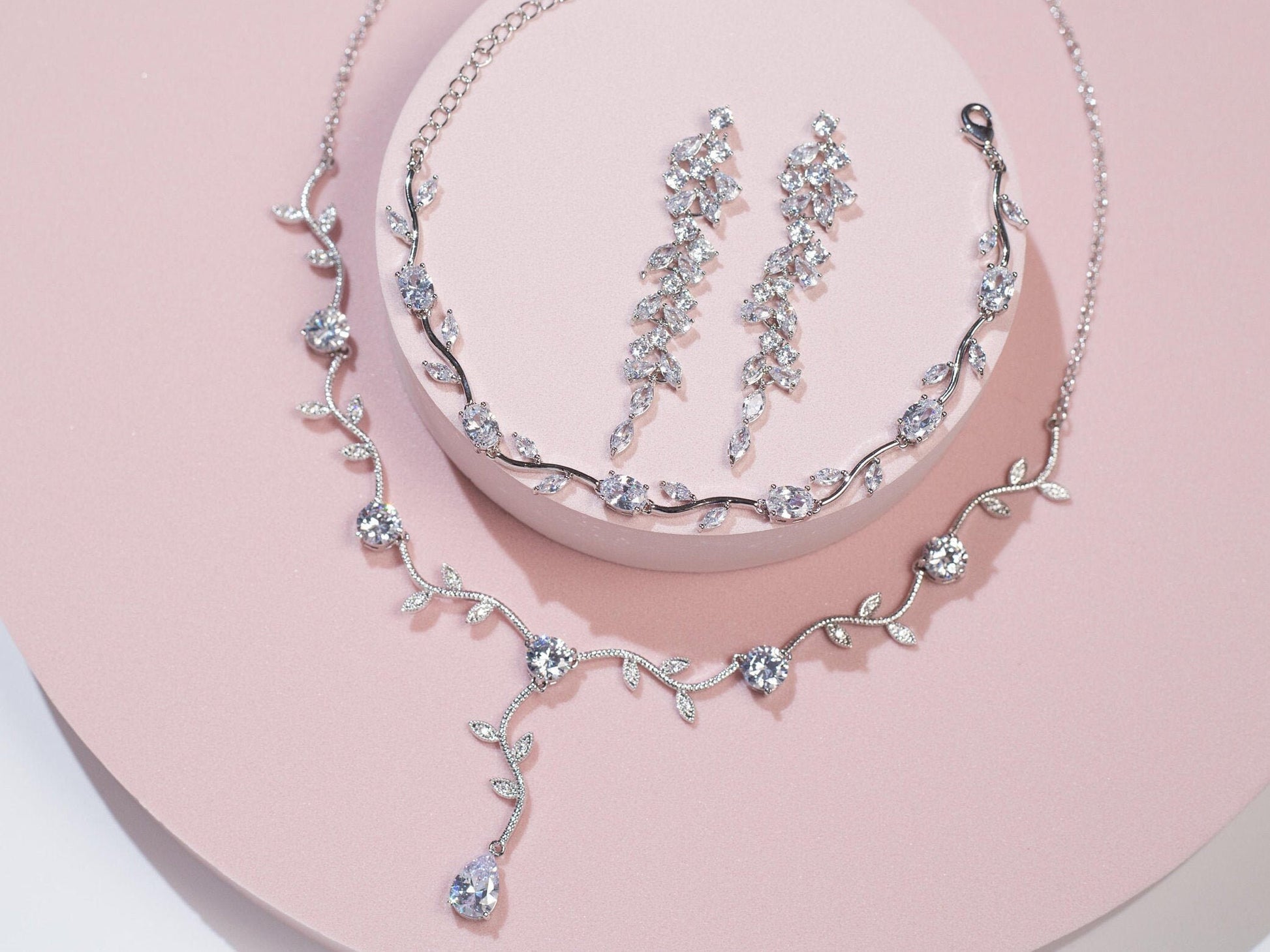 Dainty Bridal Necklace long tree branch wedding jewelry set bridal Earring Set Silver bridal jewelry wedding earrings cubic zirconia jewelry