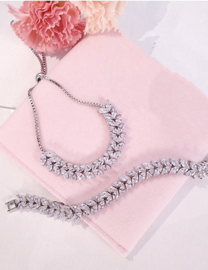 bridal Earrings leaf long drop silver Wedding Jewelry Bridal Earrings Bracelet Zirconia jewelry set bridal jewelry leaf bridal jewelry set
