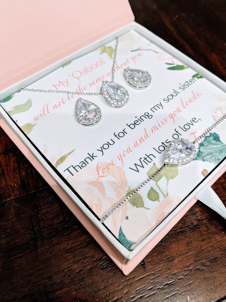 Bridal earrings silver statement bridal earrings long teardrop bracelet bridesmaids jewelry gift set maid of honor gift set