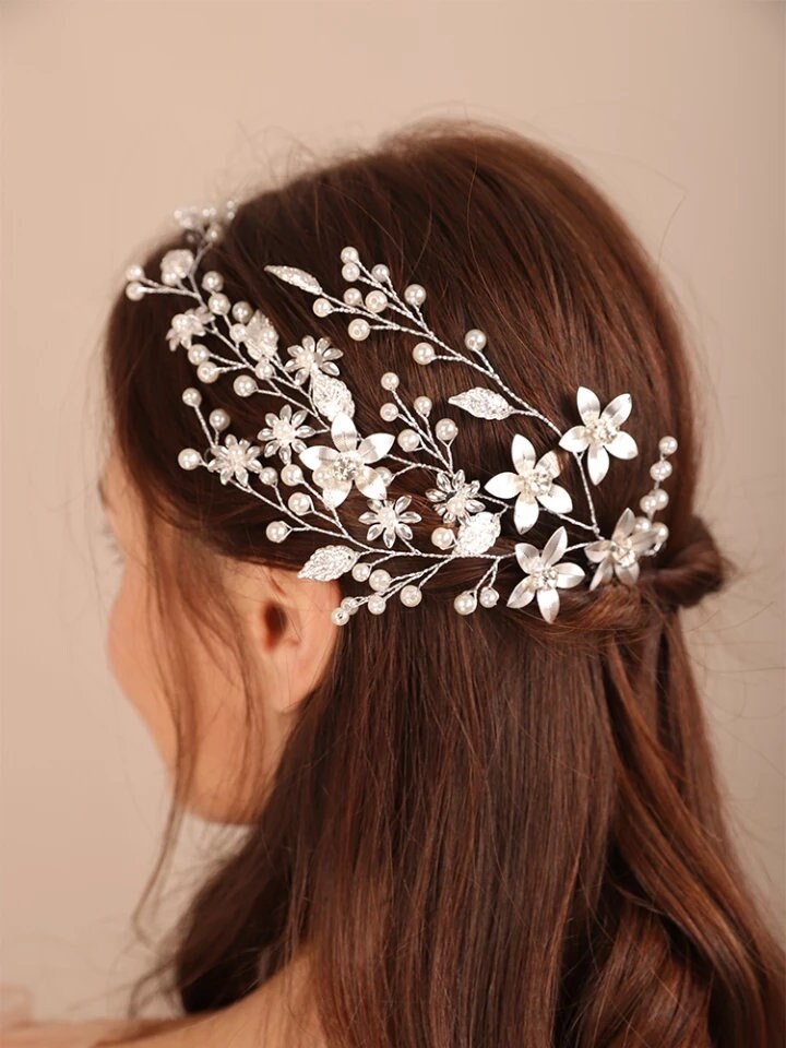 Silver floral hair vine floral bridal hair vine floral wedding hairpiece