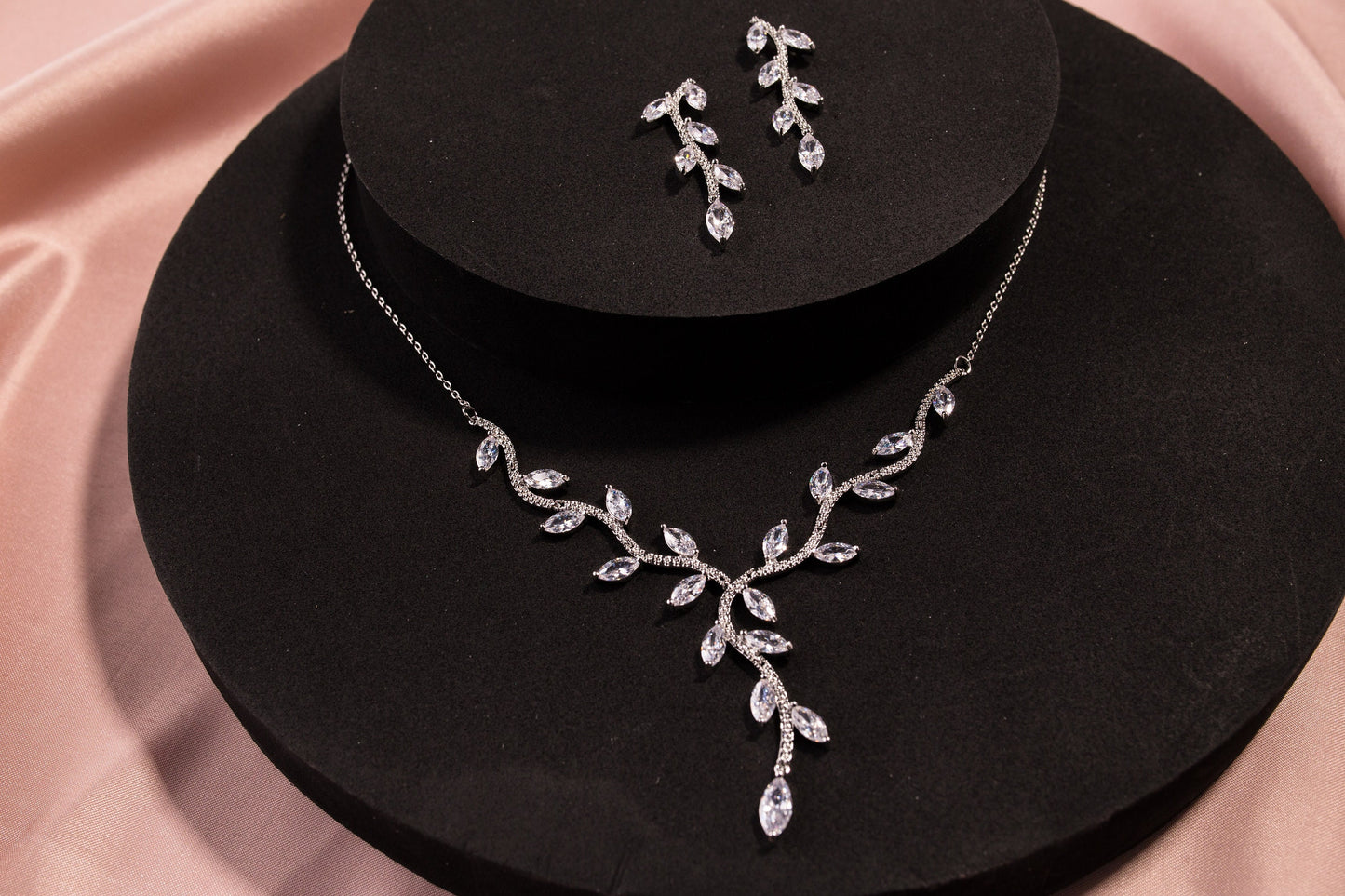 bridal necklace set with leaf earrings silver wedding necklace set bridal necklace and earrings Swarovski wedding chain necklace