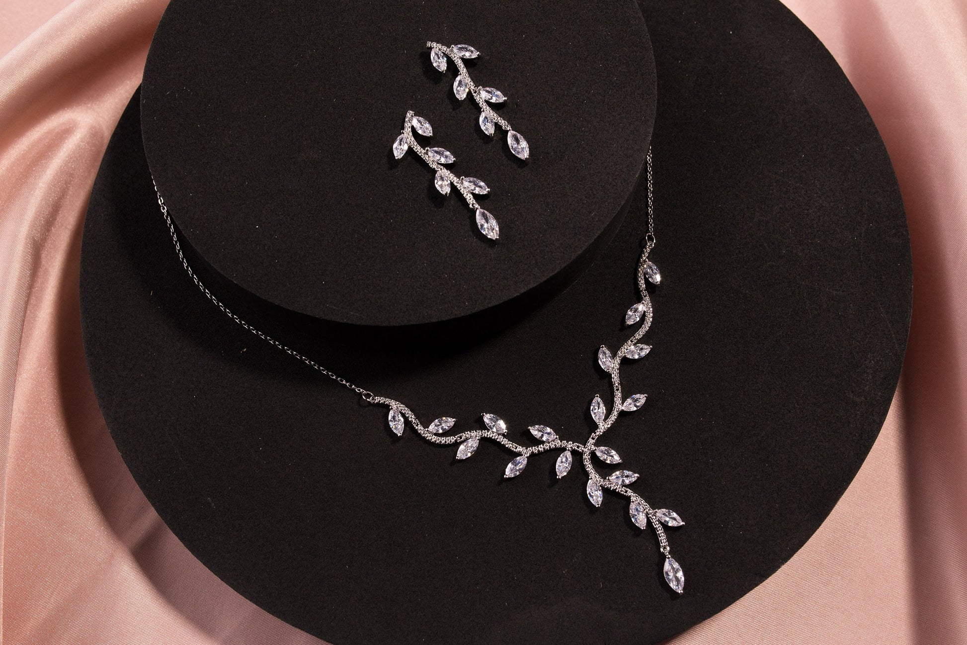 bridal necklace set with leaf earrings silver wedding necklace set bridal necklace and earrings Swarovski wedding chain necklace