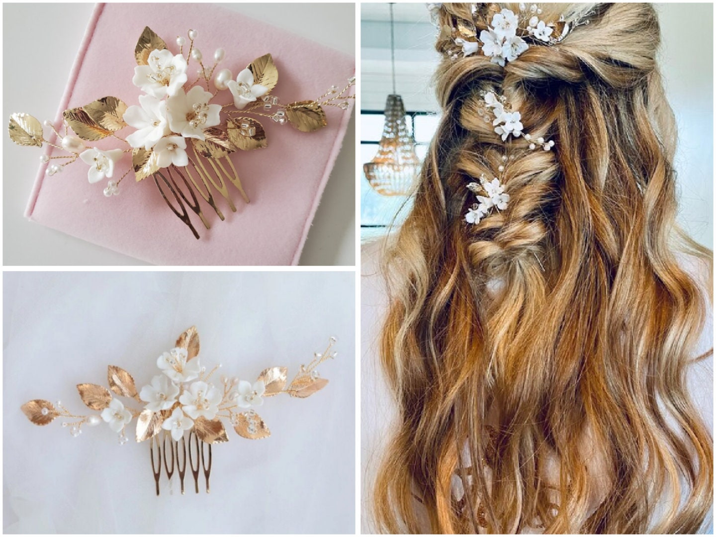 Gold Leaves White Flower Hair Comb Bride, Wedding Hair Comb Bridal Hair Comb Wedding Hair Accessories