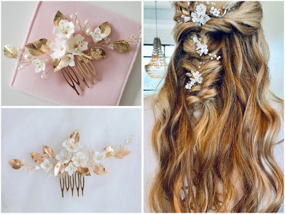 Gold Leaves White Flower Hair Comb Bride, Wedding Hair Comb Bridal Hair Comb Wedding Hair Accessories