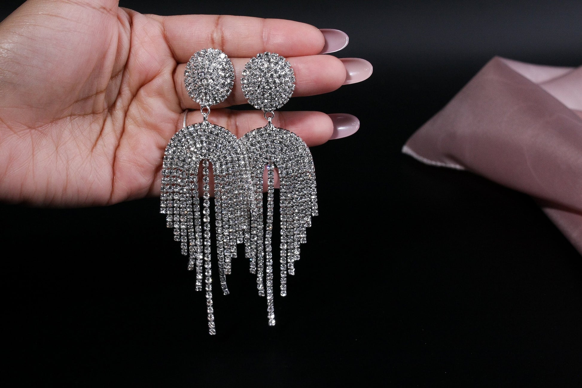 Prom earrings tassel earrings rhinestone tassel drop earrings silver