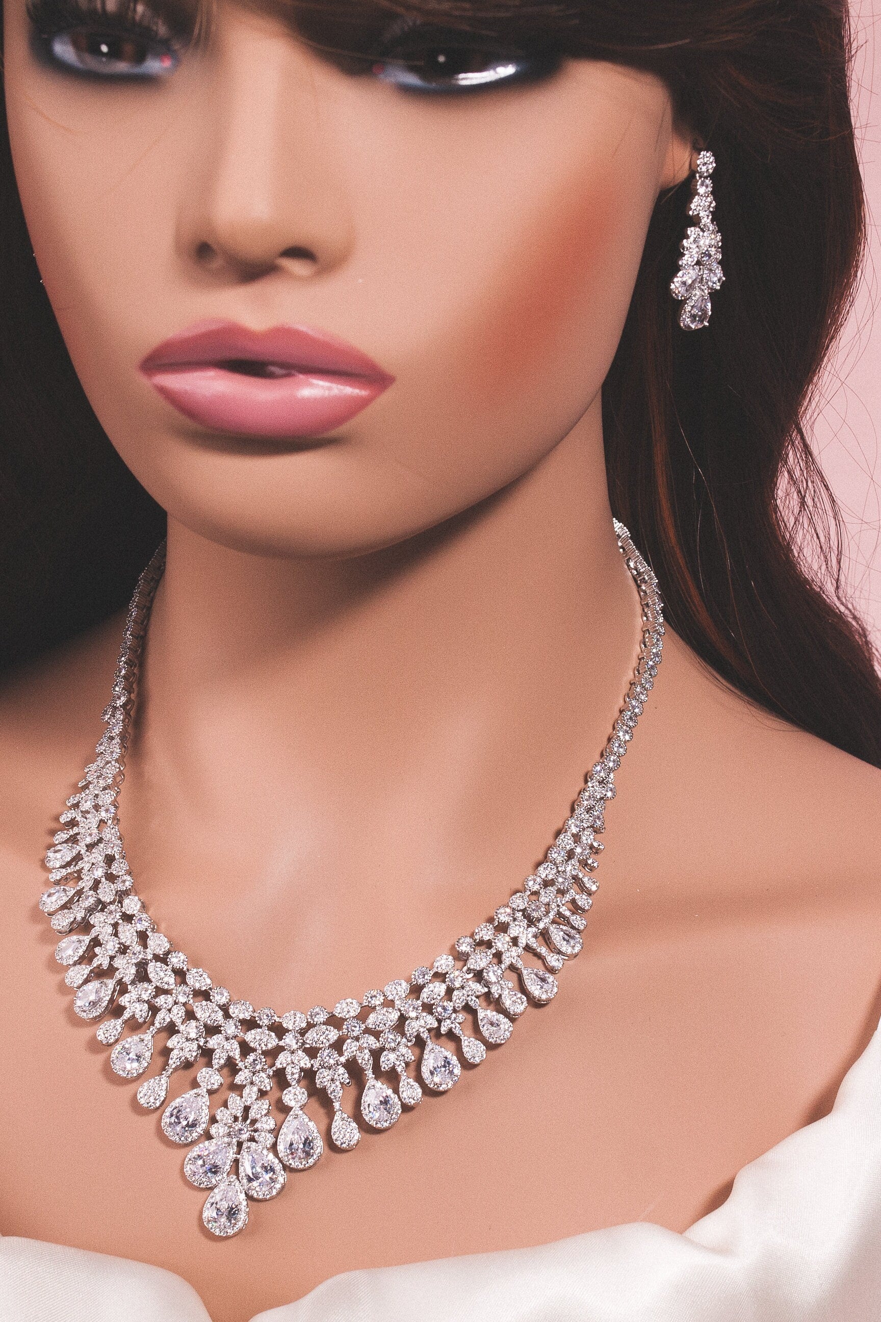 Luxury wedding jewelry cz bridal necklace set silver jewelry set